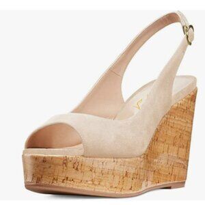 FOWT Apricot Peep Toe Slingback Platform Wedge High Heel Buckle Open Toe Sandals